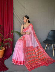 Pink Cotton Ikat Woven Saree - Colorful Saree