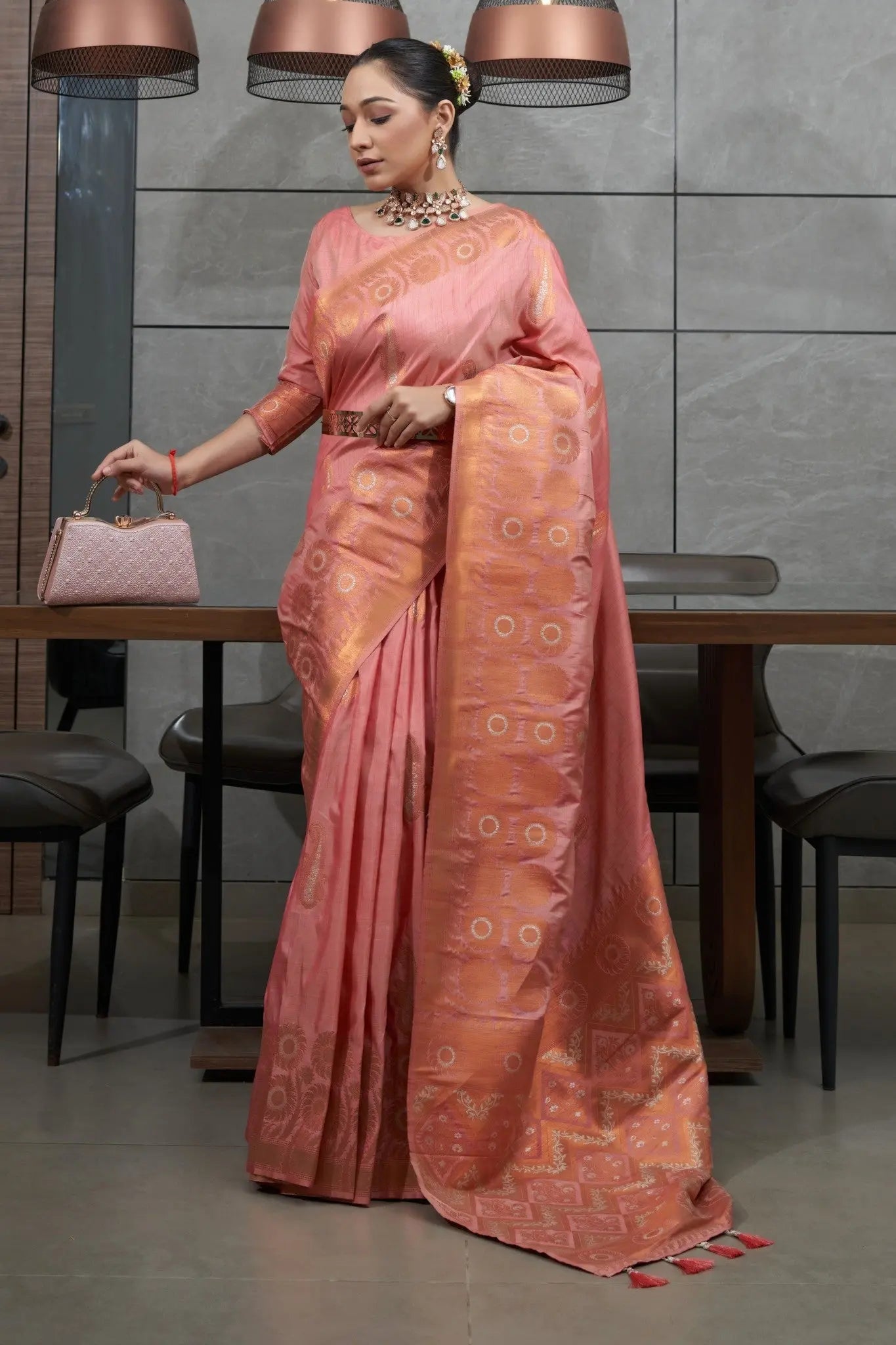 Pink Devika Tussar Silk Copper Zari Woven Saree - Colorful Saree