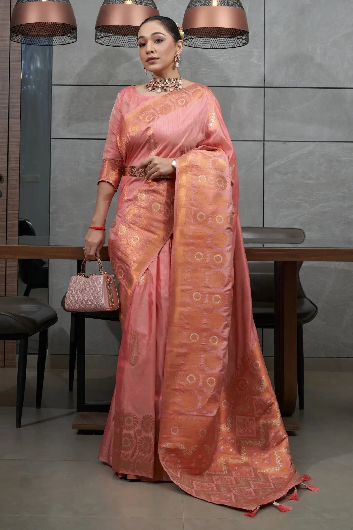 Pink Devika Tussar Silk Copper Zari Woven Saree - Colorful Saree