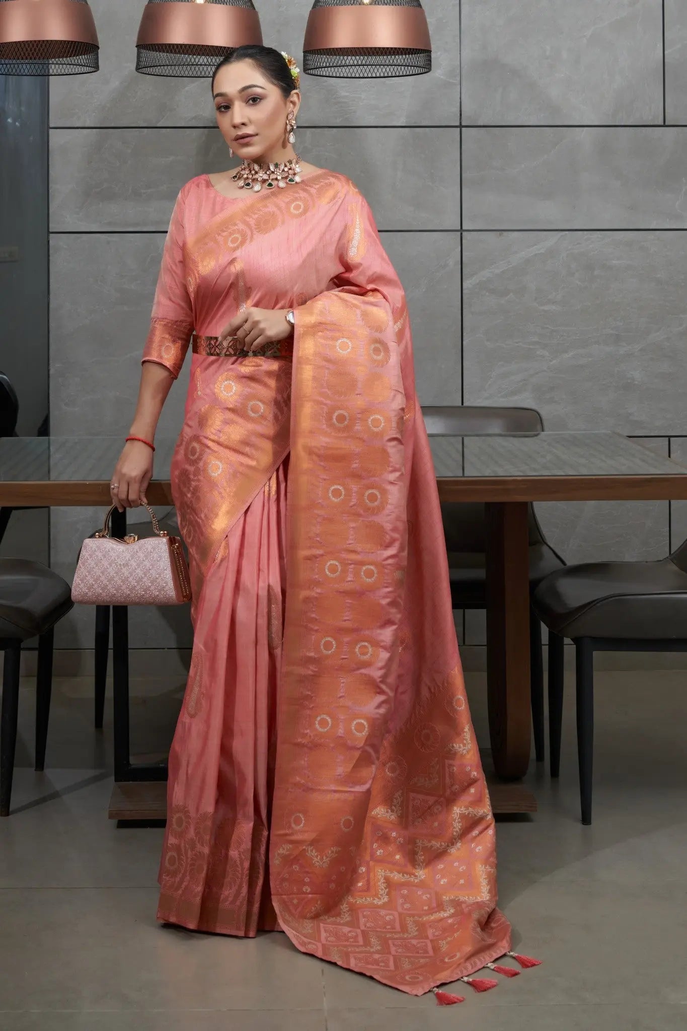 Pink Devika Tussar Silk Copper Zari Woven Saree - Colorful Saree