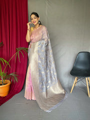 Pink Grey Saree in Banarasi Silk With Dual Tone Self Print - Colorful Saree