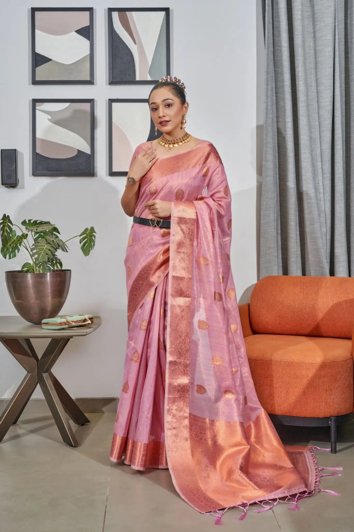 Pink Lakshmi Organza Tissue Silk Woven Saree - Colorful Saree