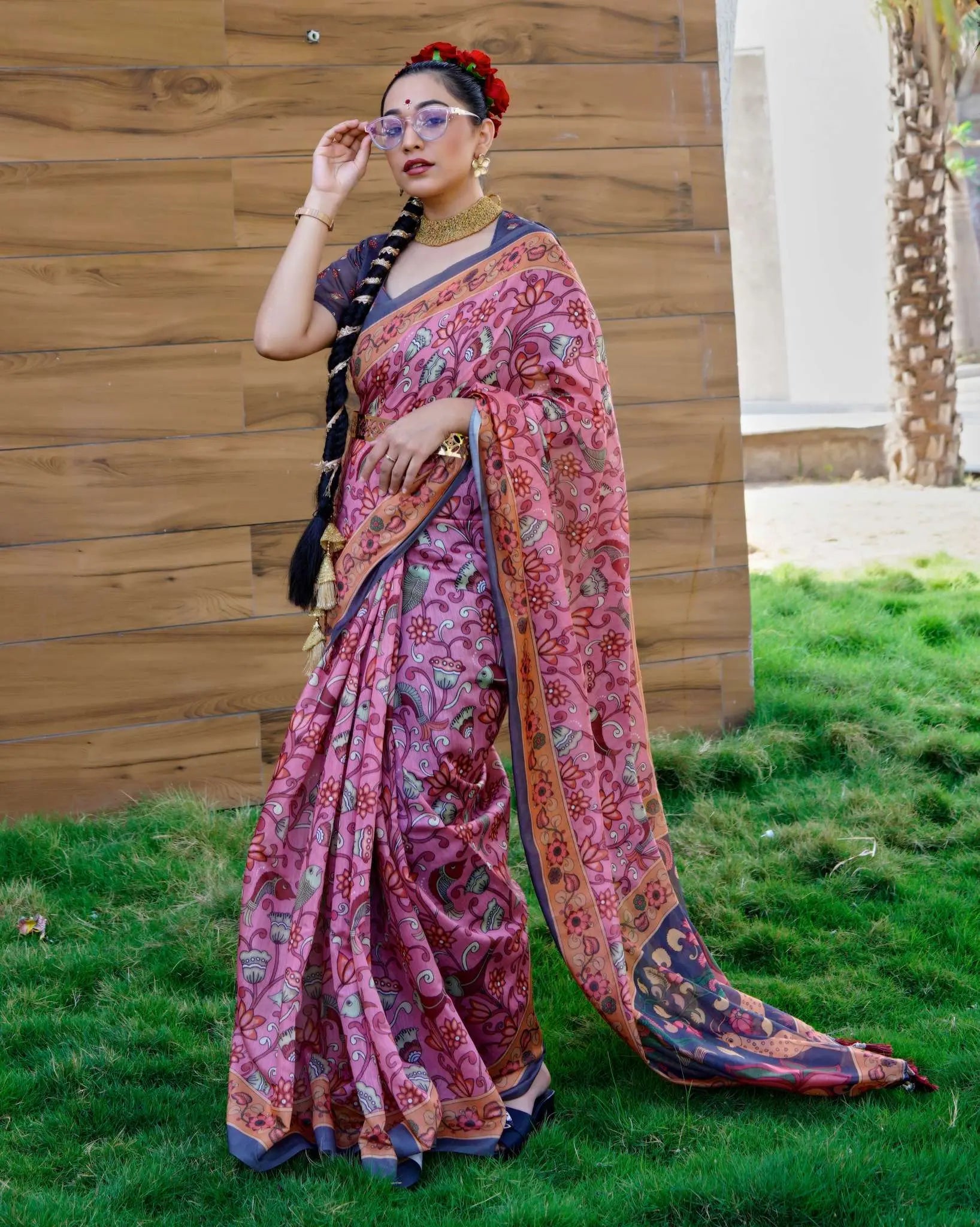 Pink Reshma Cotton Kalamkari Printed Saree - Colorful Saree