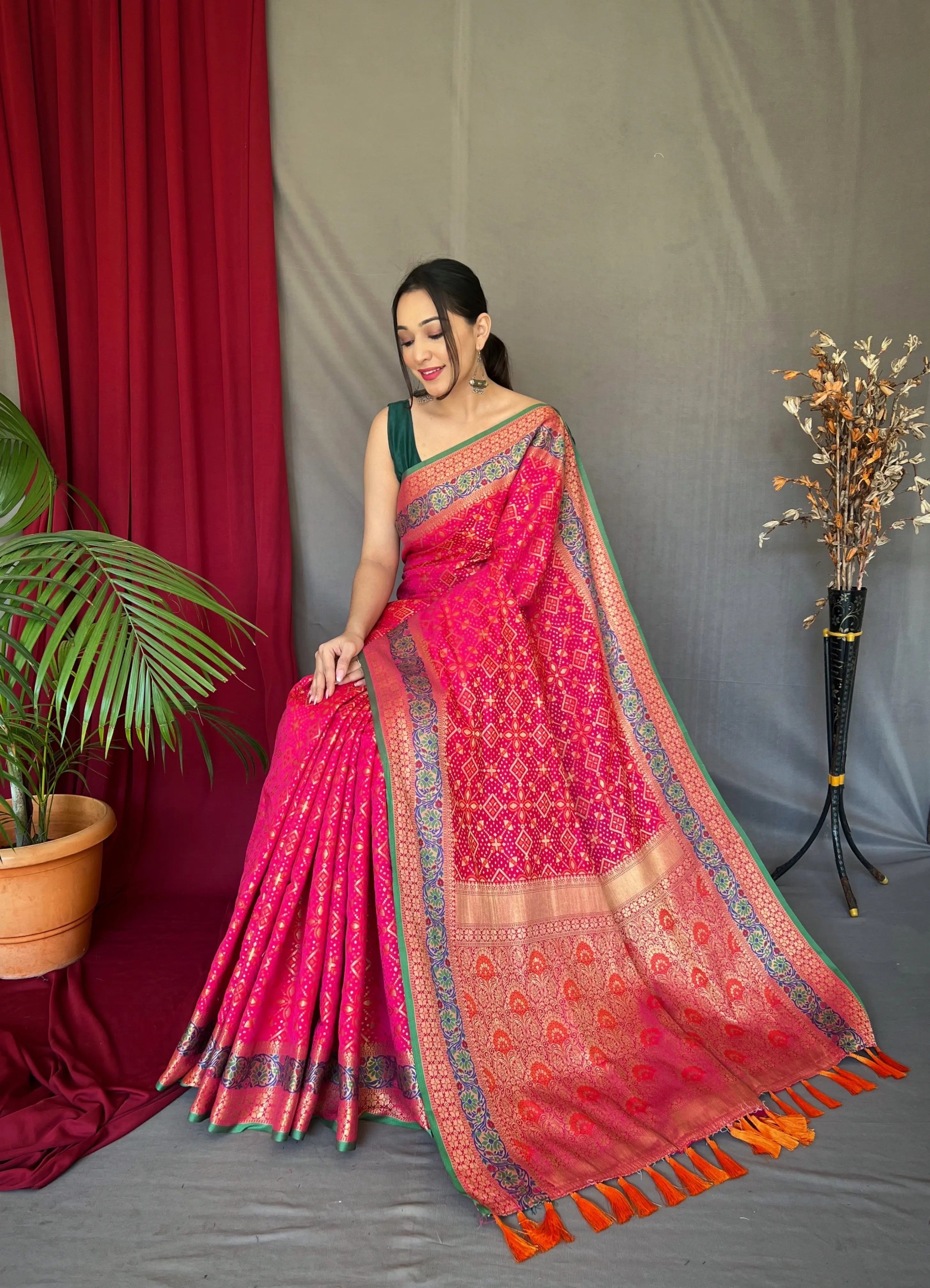 Pink Saree in Bandhej Patola Silk - Colorful Saree