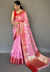 Pink Tejaswi Organza Contrast Zari Woven Saree - Colorful Saree