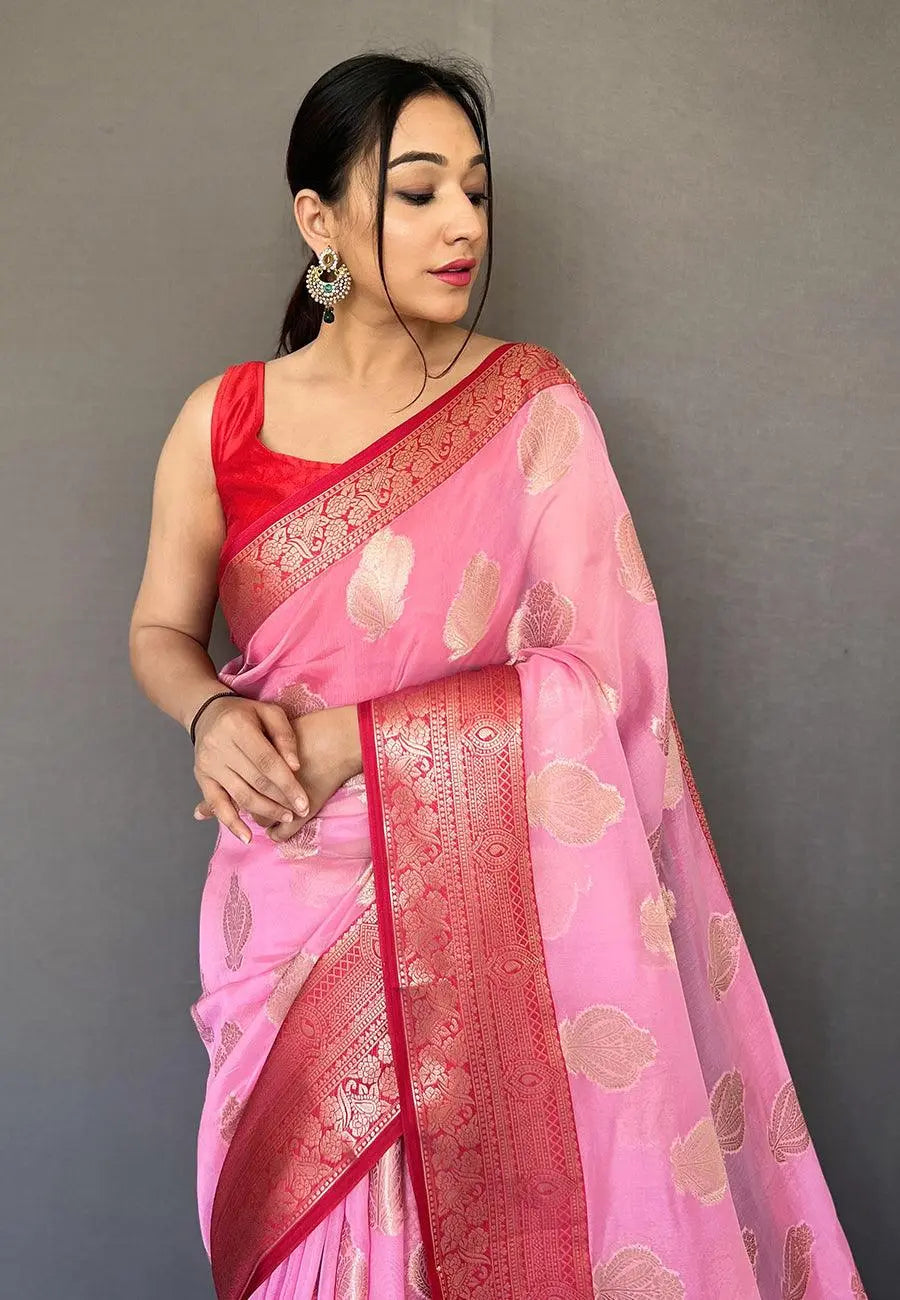 Pink Tejaswi Organza Contrast Zari Woven Saree - Colorful Saree