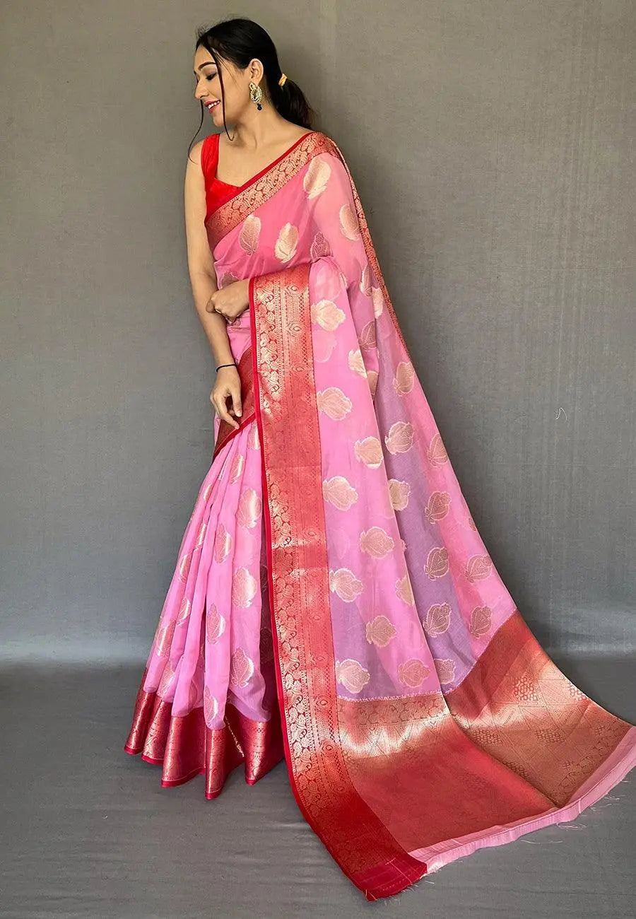 Pink Tejaswi Organza Contrast Zari Woven Saree - Colorful Saree