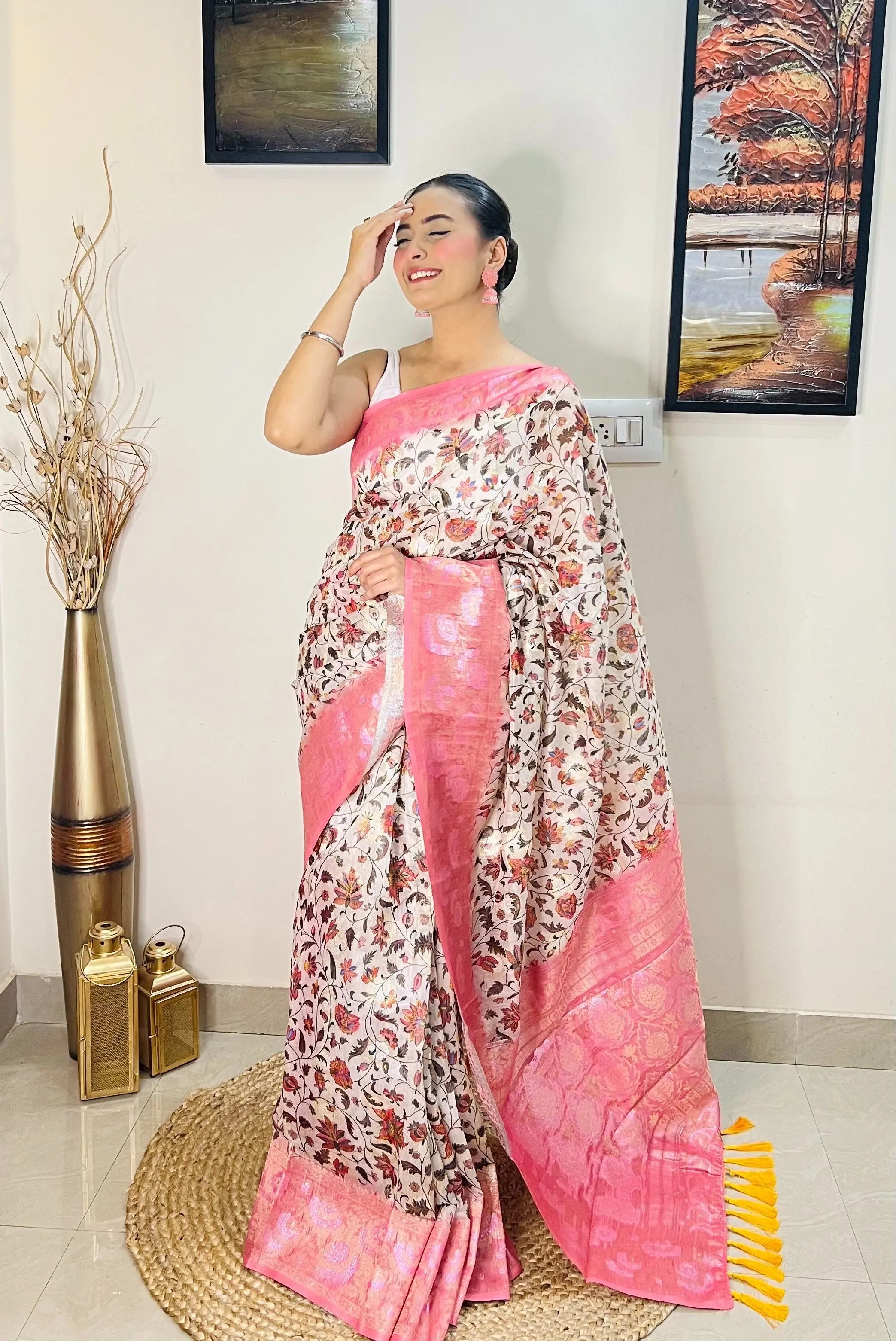 Pink saree in Banarasi Silk with Contrast Floral Print - Colorful Saree