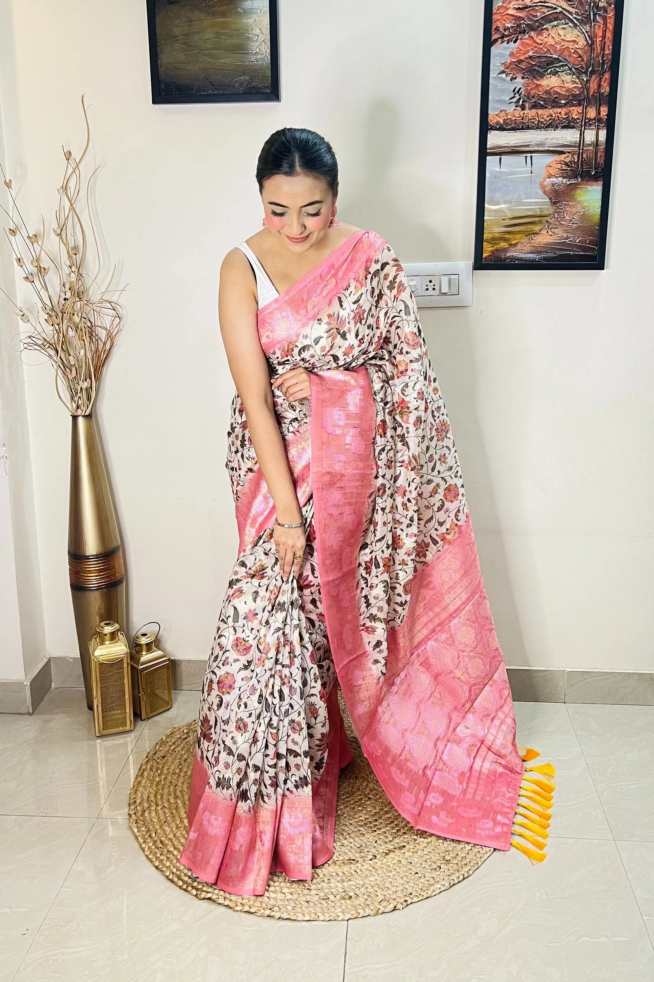 Pink saree in Banarasi Silk with Contrast Floral Print - Colorful Saree