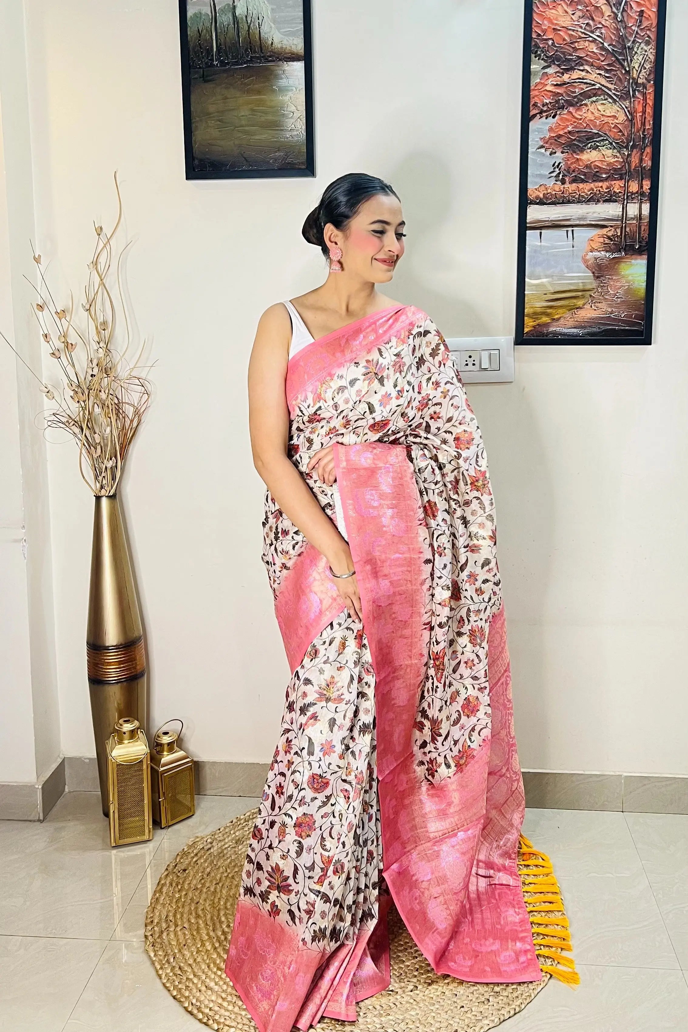 Pink saree in Banarasi Silk with Contrast Floral Print - Colorful Saree