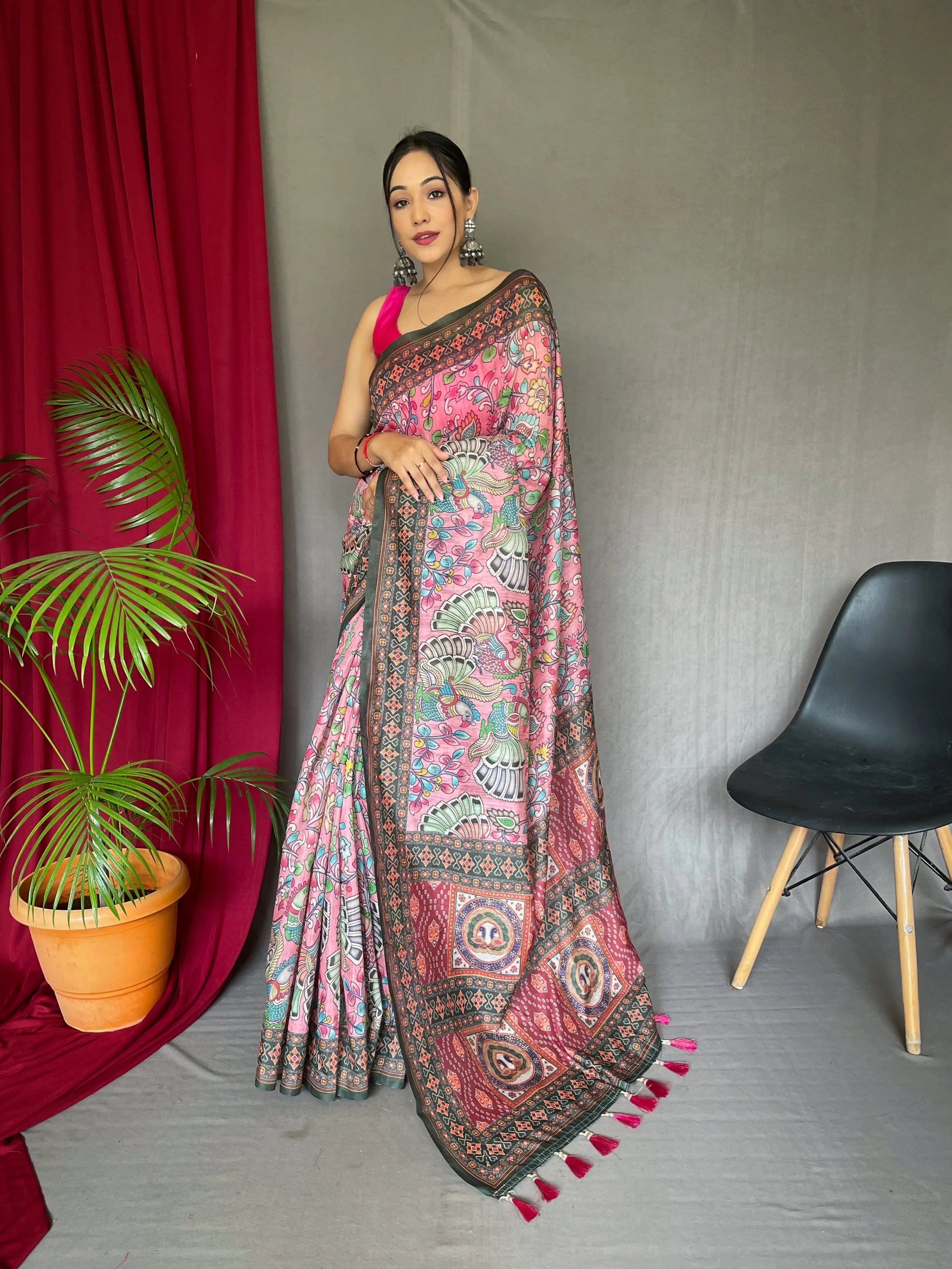 Pink saree in Cotton Bandhani with Kalamkari Print - Colorful Saree