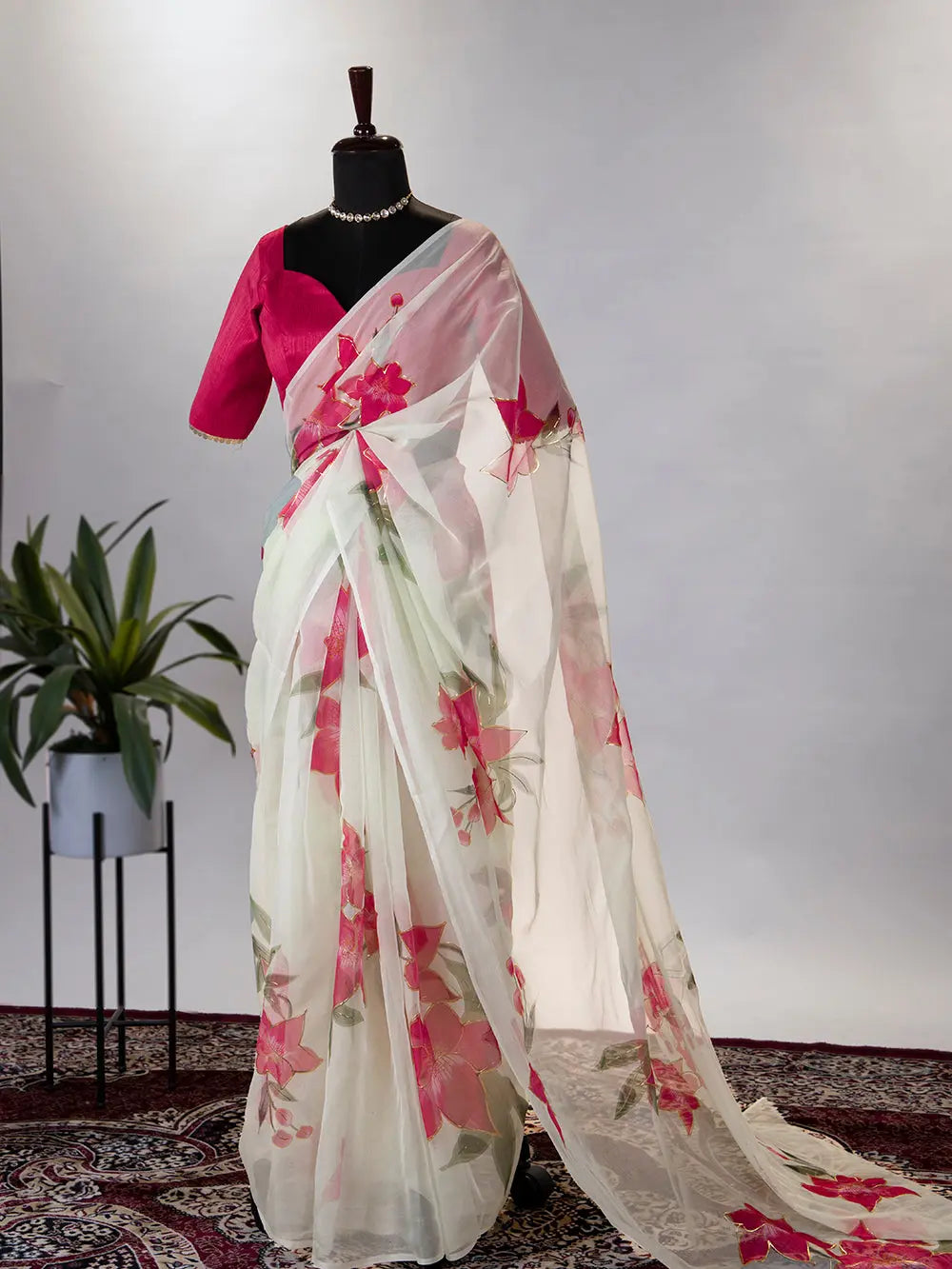 Pista Color Floral & Foil Print Organza Saree - Colorful Saree