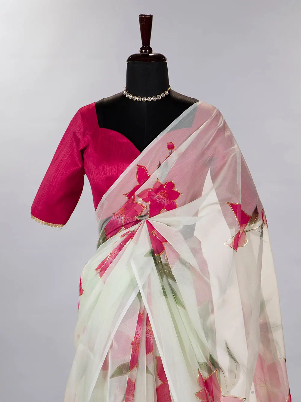 Pista Color Floral & Foil Print Organza Saree - Colorful Saree