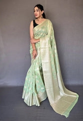 Pistachio Green Anandi Cotton Muslin Woven Saree - Colorful Saree