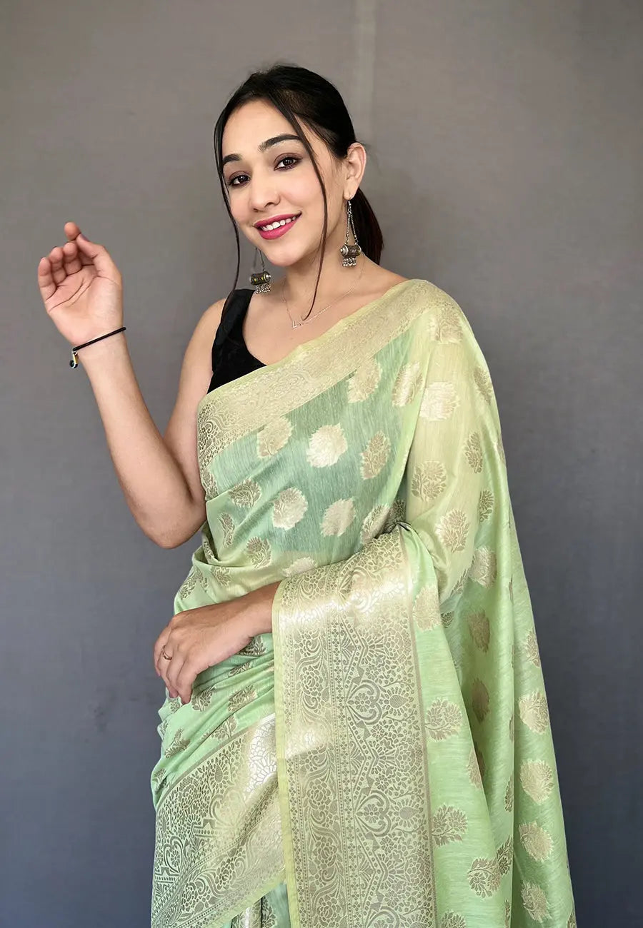 Pistachio Green Anandi Cotton Muslin Woven Saree - Colorful Saree