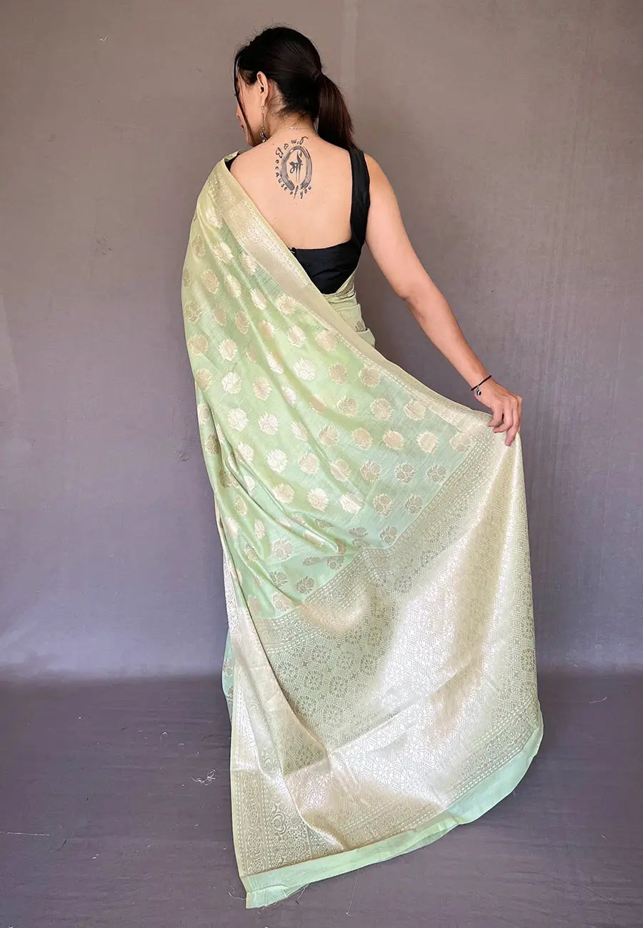 Pistachio Green Anandi Cotton Muslin Woven Saree - Colorful Saree