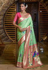 Pistachio Green Mayuri Banarasi Paithani Silk Woven Saree - Colorful Saree