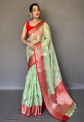 Pistachio Green Tejaswi Organza Contrast Zari Woven Saree - Colorful Saree