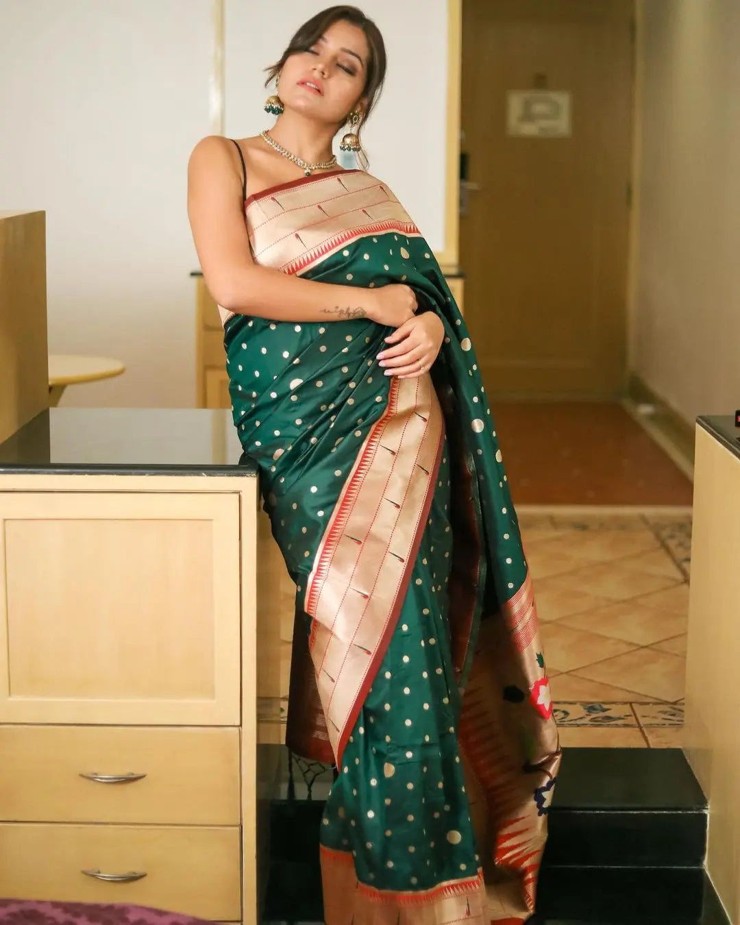 Polka Paithani Silk Woven Saree Gable Green - Colorful Saree