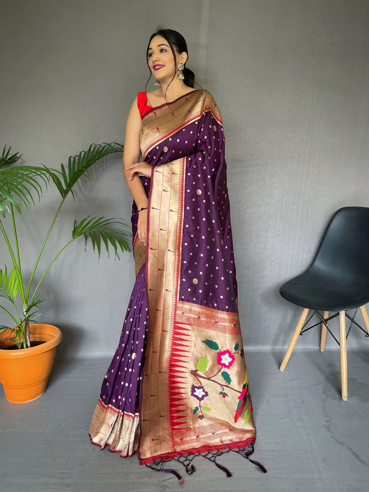 Polka Paithani Silk Woven Saree Grape Purple - Colorful Saree