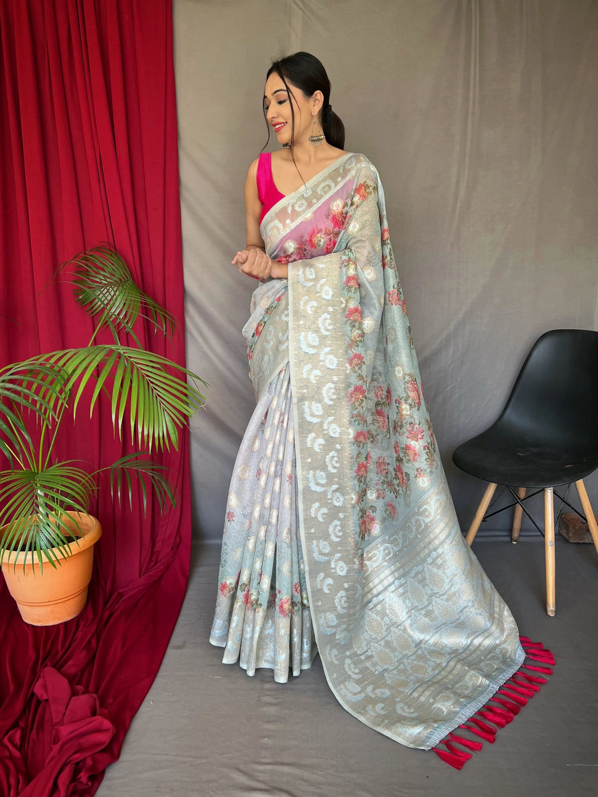 Powder Blue Saree in Banarasi Silk with Dual Tone Floral Printed - Colorful Saree