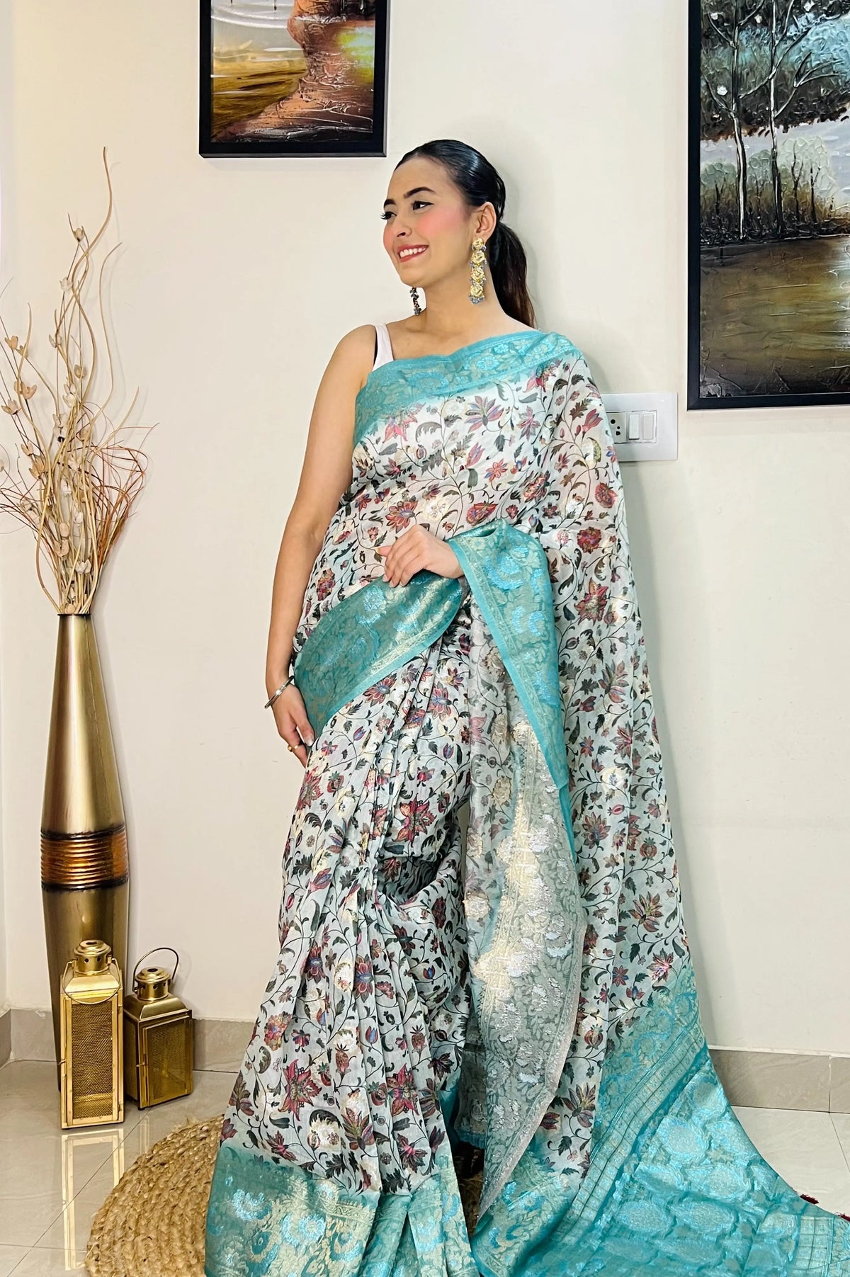 Powder Blue saree in Banarasi Silk with Contrast Floral Print - Colorful Saree