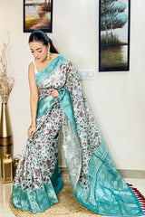 Powder Blue saree in Banarasi Silk with Contrast Floral Print - Colorful Saree