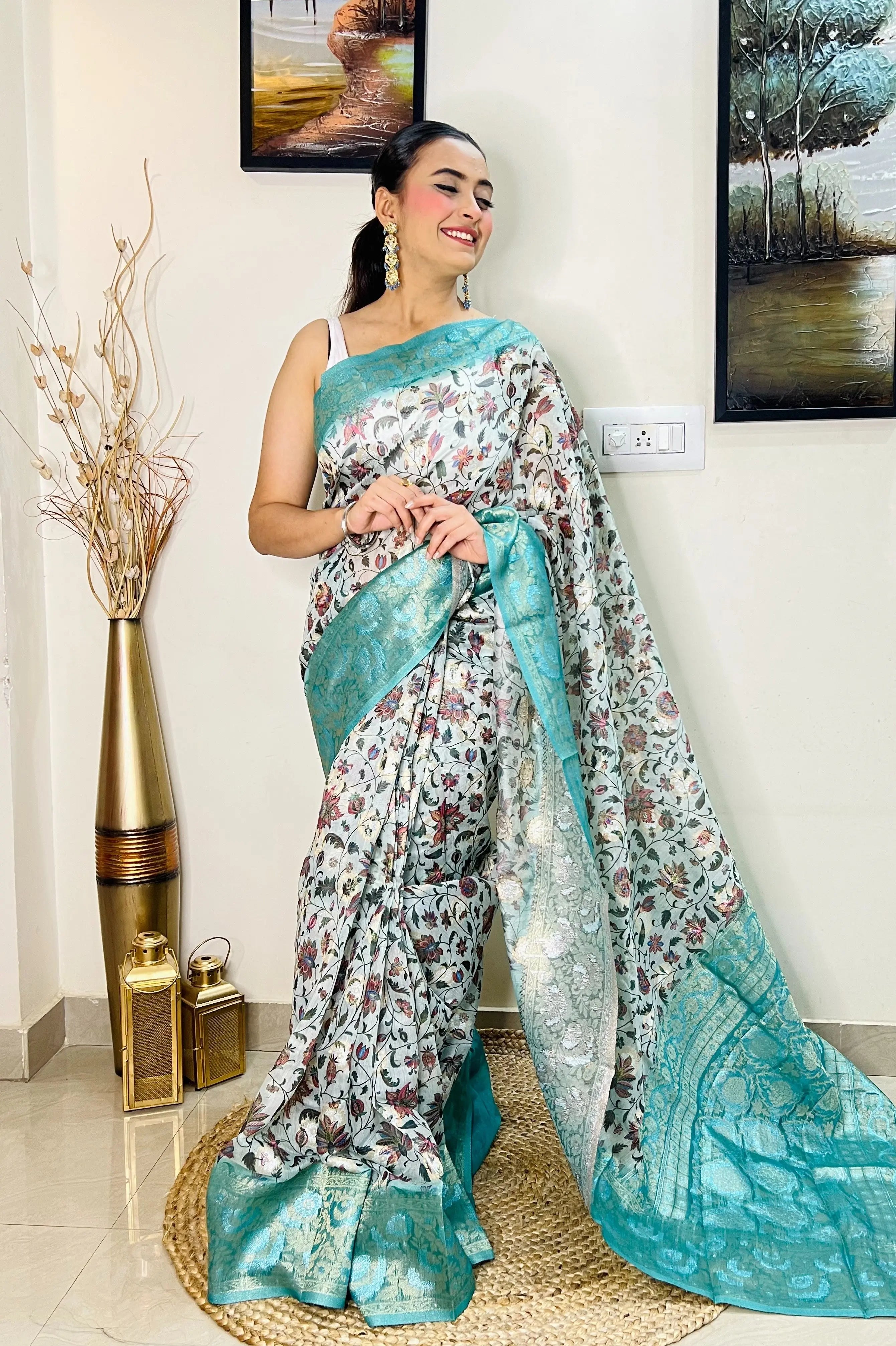 Powder Blue saree in Banarasi Silk with Contrast Floral Print - Colorful Saree