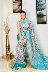 Powder Blue saree in Banarasi Silk with Contrast Floral Print - Colorful Saree