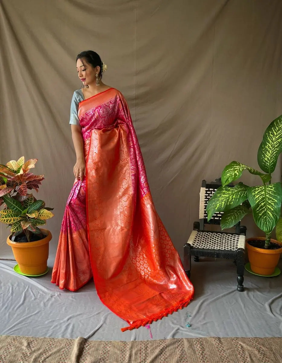 Pure Kanjeevaram Meenakari Woven Pink - Colorful Saree