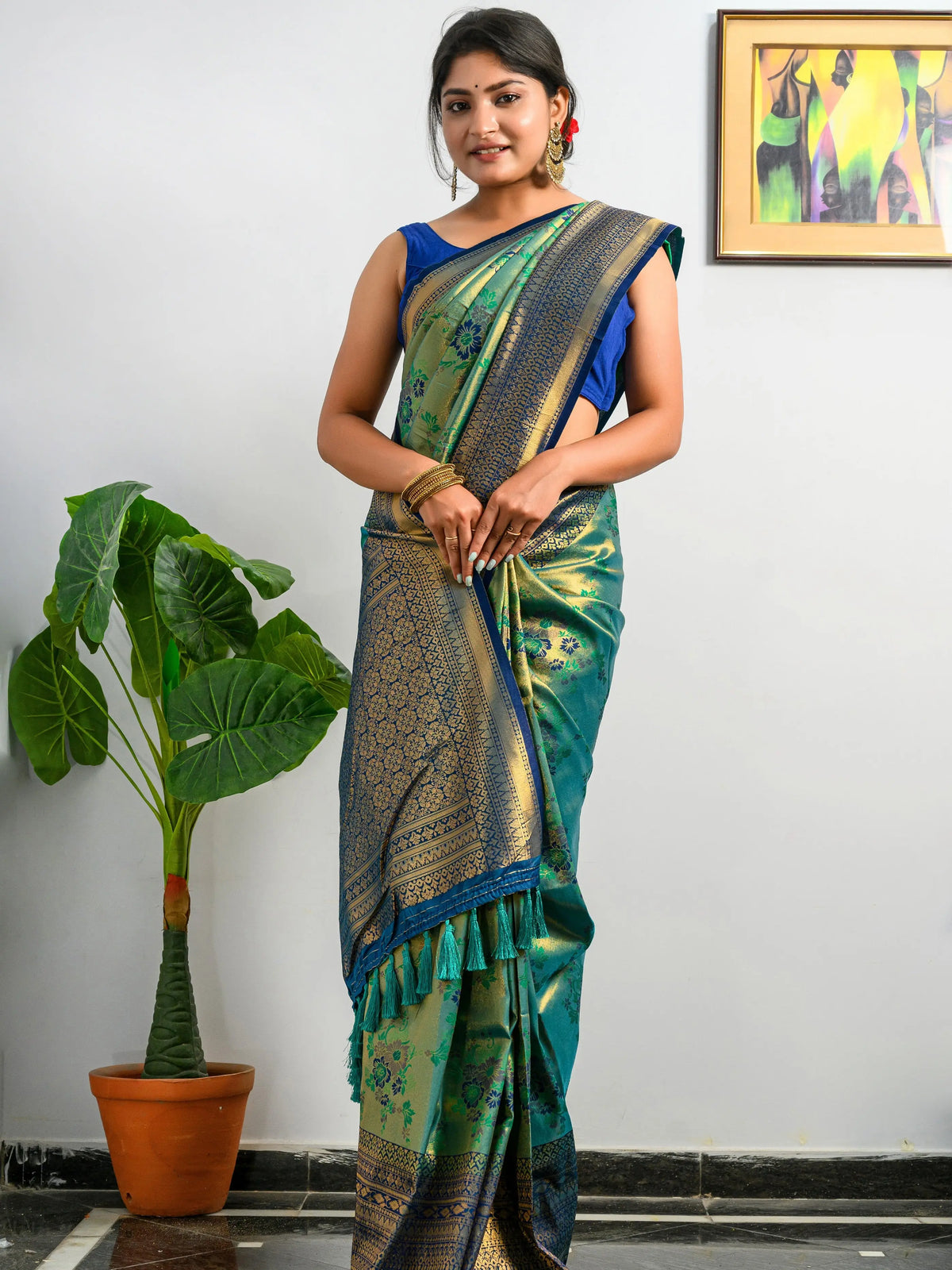 Pure Kanjeevaram Meenakari Woven Saree Hazel Green - Colorful Saree