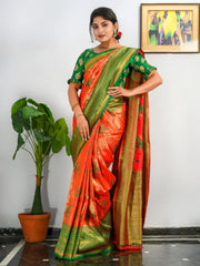 Pure Kanjeevaram Meenakari Woven Saree International Orange - Colorful Saree