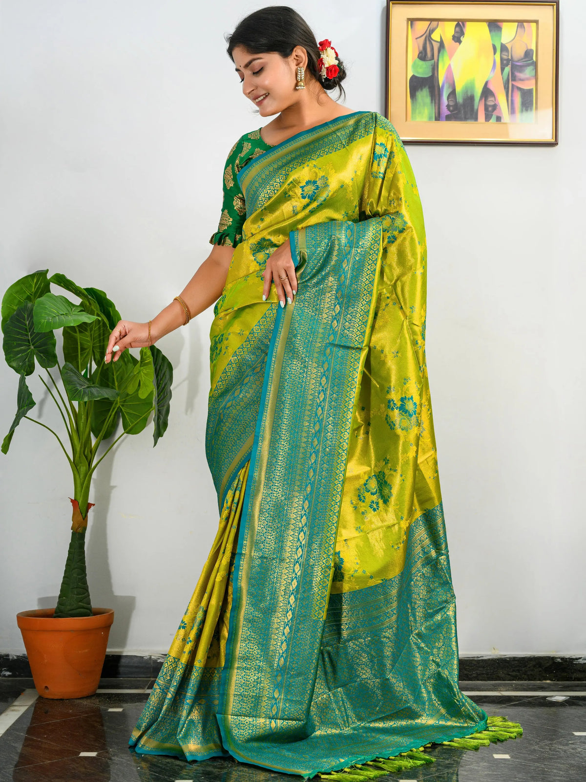 Pure Kanjeevaram Meenakari Woven Saree Mustard Green - Colorful Saree