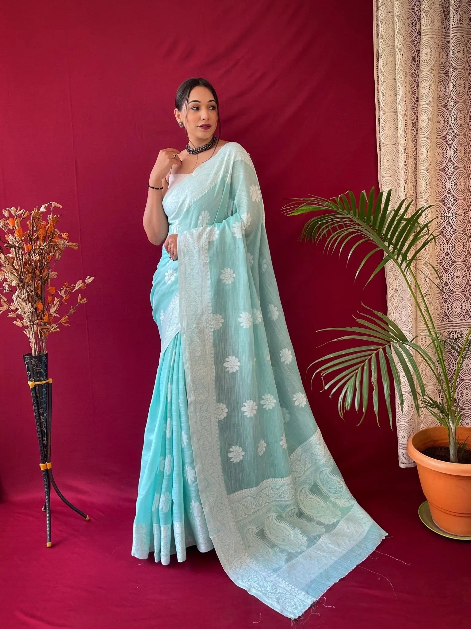 Pure Linen Lucknowi Woven Saree Cyan Blue - Colorful Saree