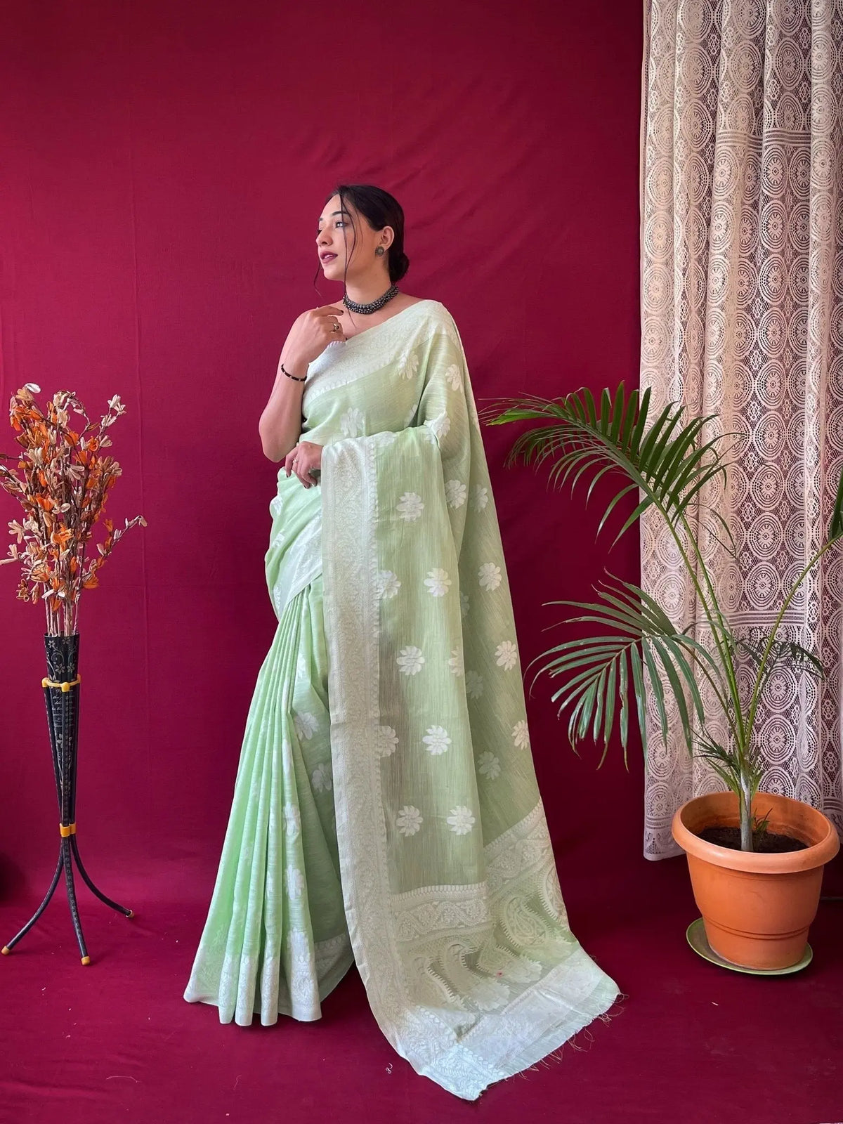 Pure Linen Lucknowi Woven Saree Light Green - Colorful Saree