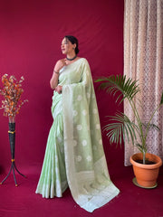 Pure Linen Lucknowi Woven Saree Light Green - Colorful Saree