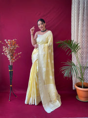 Pure Linen Lucknowi Woven Saree Yellow - Colorful Saree