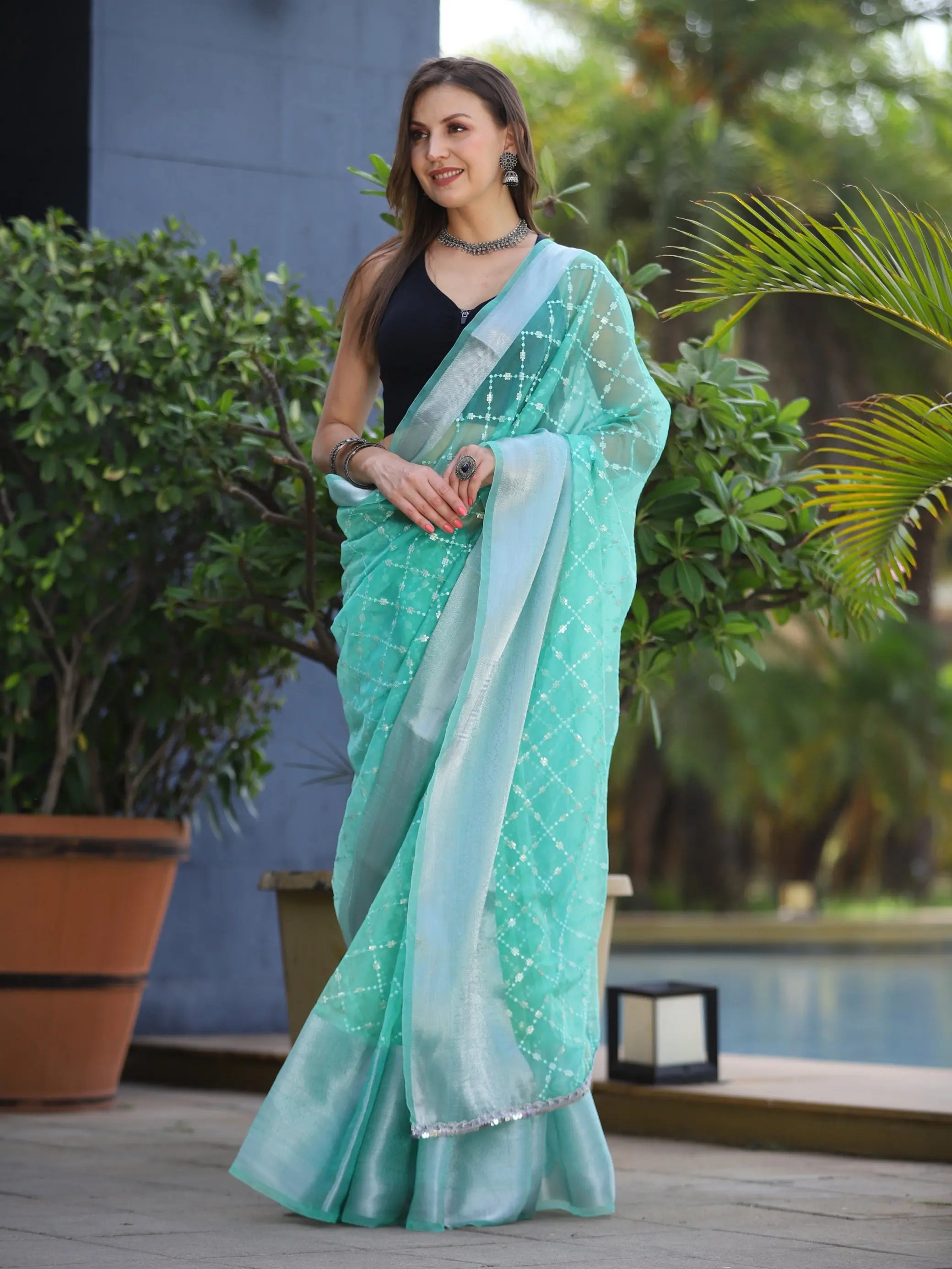 Pure Organza Embroidered Work Saree Light Sea Green - Colorful Saree