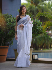 Pure Organza Embroidered Work Saree White - Colorful Saree