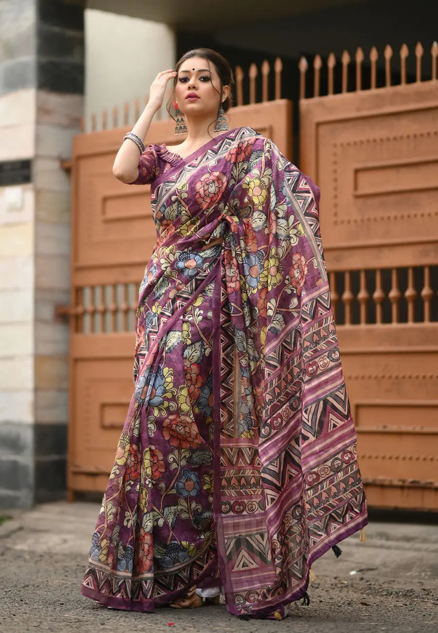 Purple Amita Linen Cotton Kalamkari Printed Saree - Colorful Saree