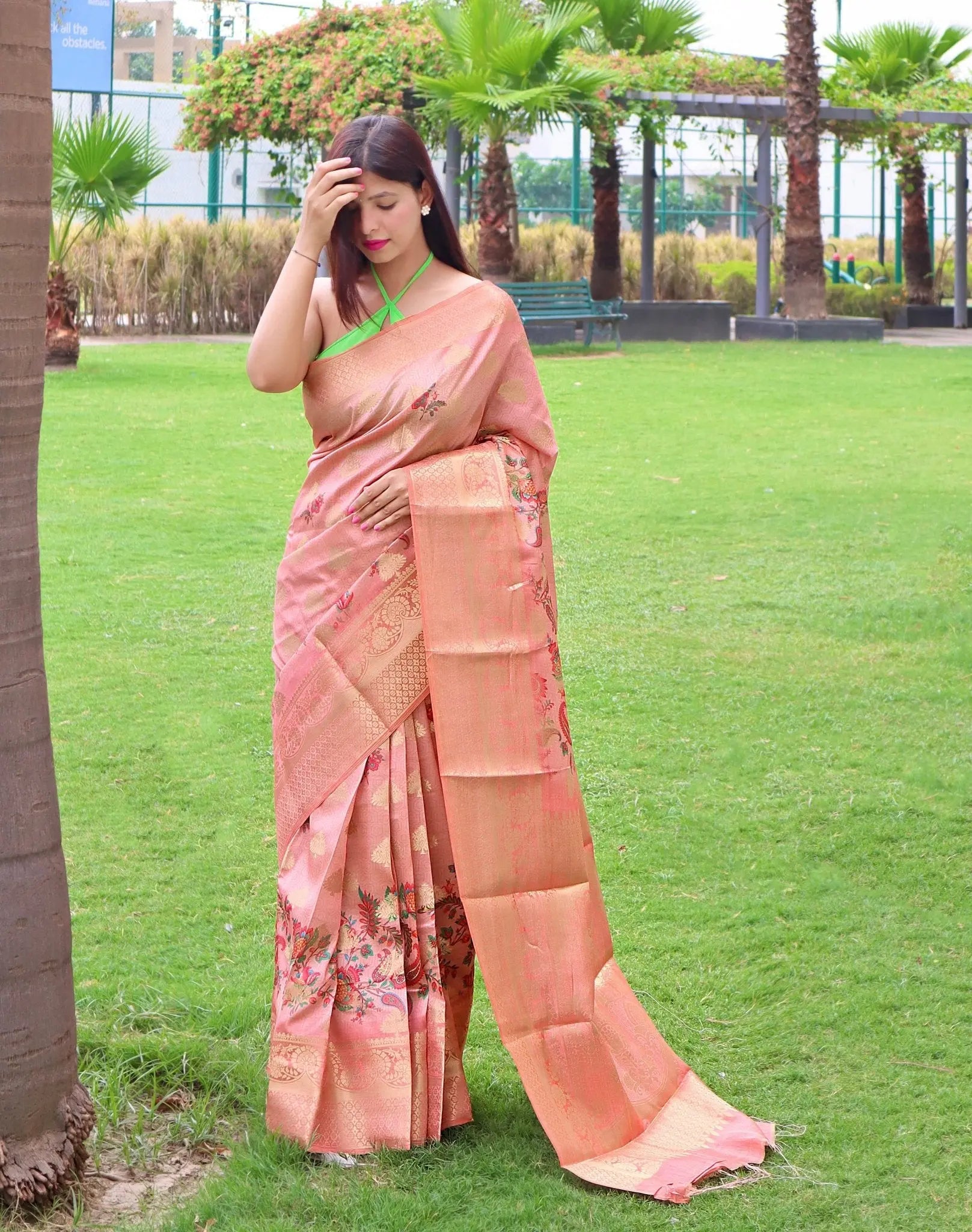 Radha Banarasi Silk Woven Saree with Floral Prints Daisy Pink - Colorful Saree