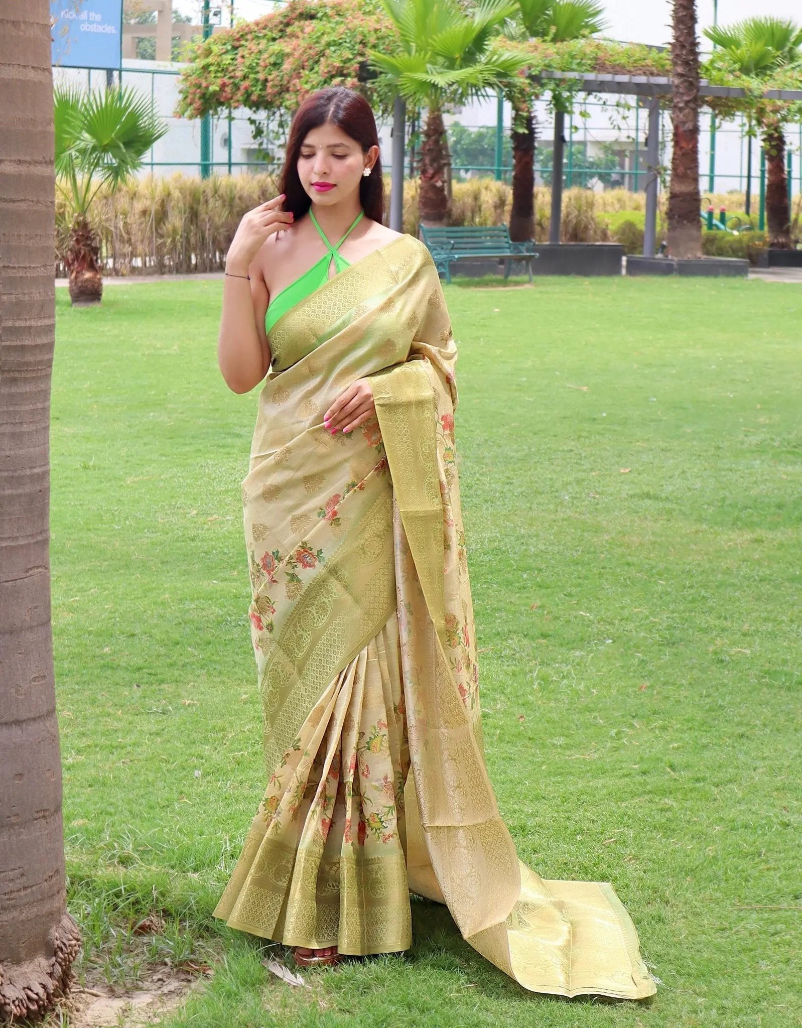 Radha Banarasi Silk Woven Saree with Floral Prints Greenish Beige - Colorful Saree