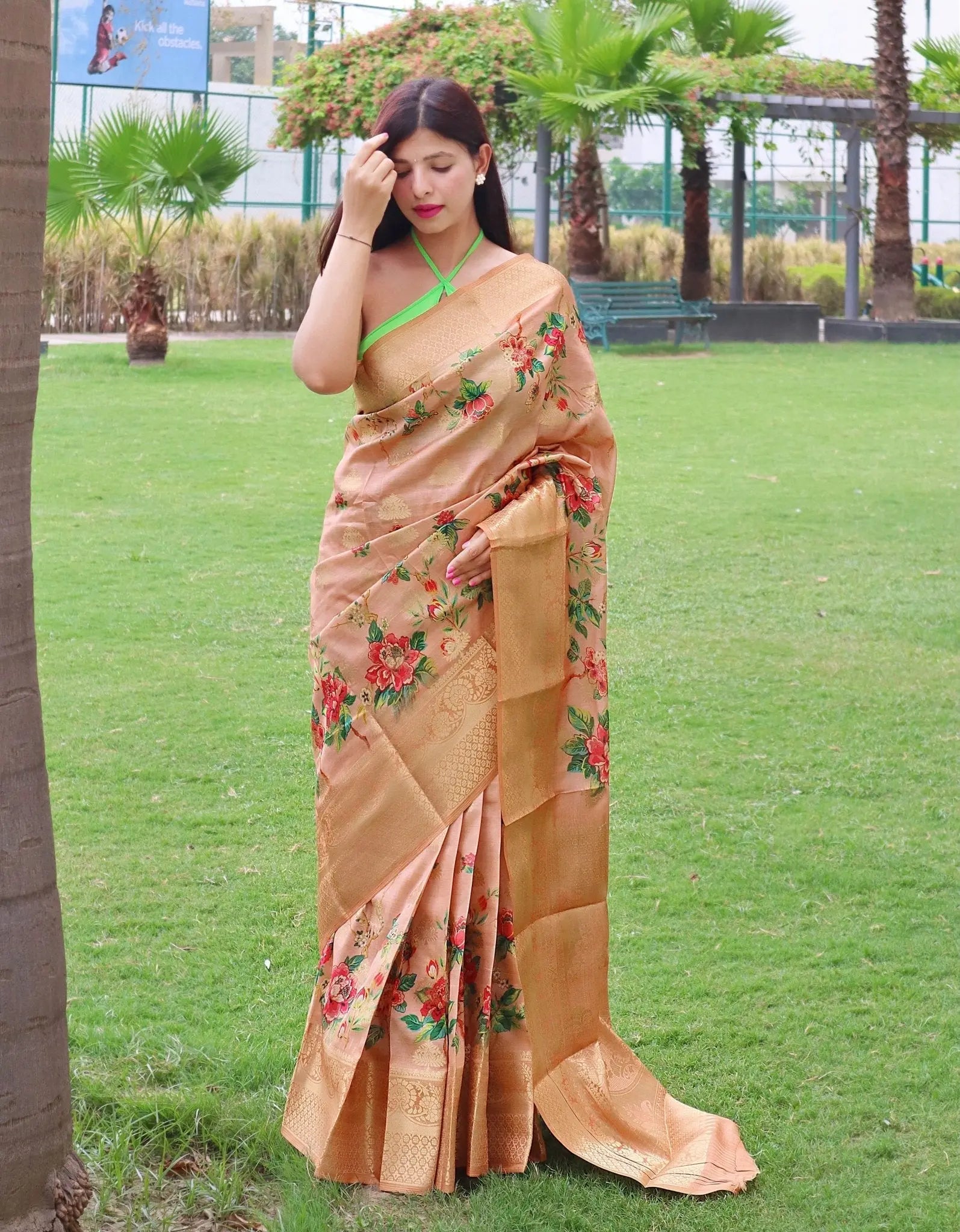 Radha Banarasi Silk Woven Saree with Floral Prints Peach - Colorful Saree