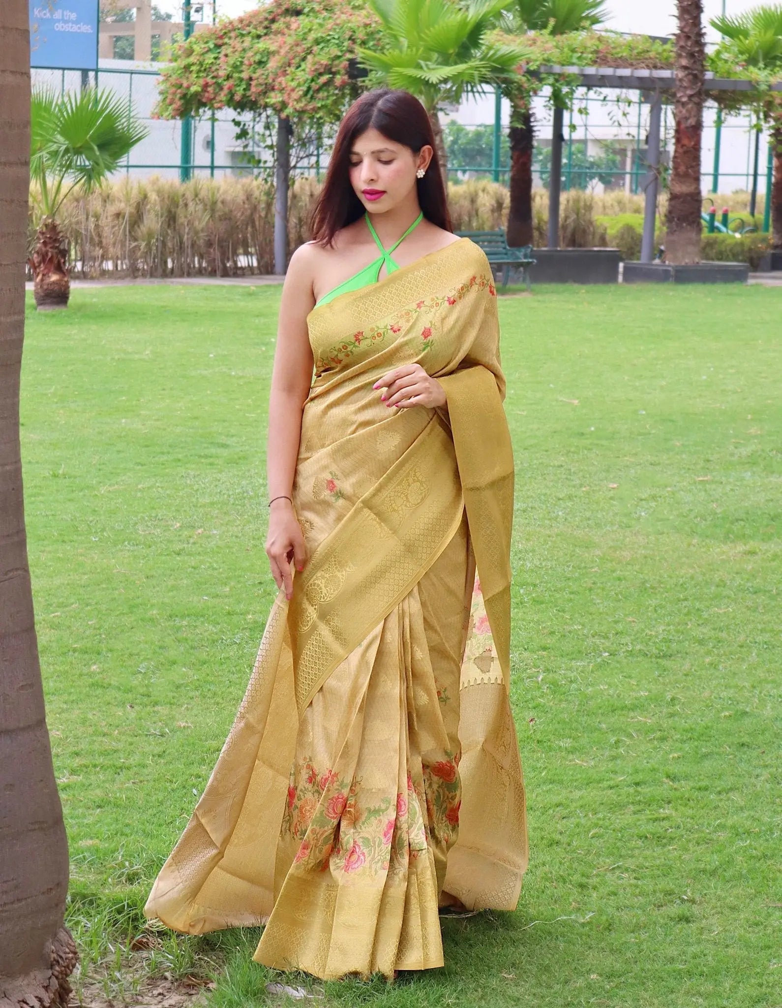 Radha Banarasi Silk Woven Saree with Floral Prints Yellow - Colorful Saree