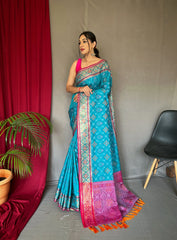 Rangeen Patola Contrast Woven Silk Saree Deep Aqua - Colorful Saree