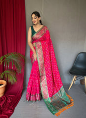 Rangeen Patola Contrast Woven Silk Saree Hot Pink - Colorful Saree
