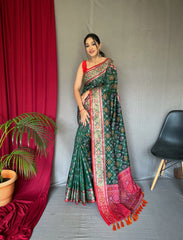 Rangeen Patola Contrast Woven Silk Saree Jungle Green - Colorful Saree