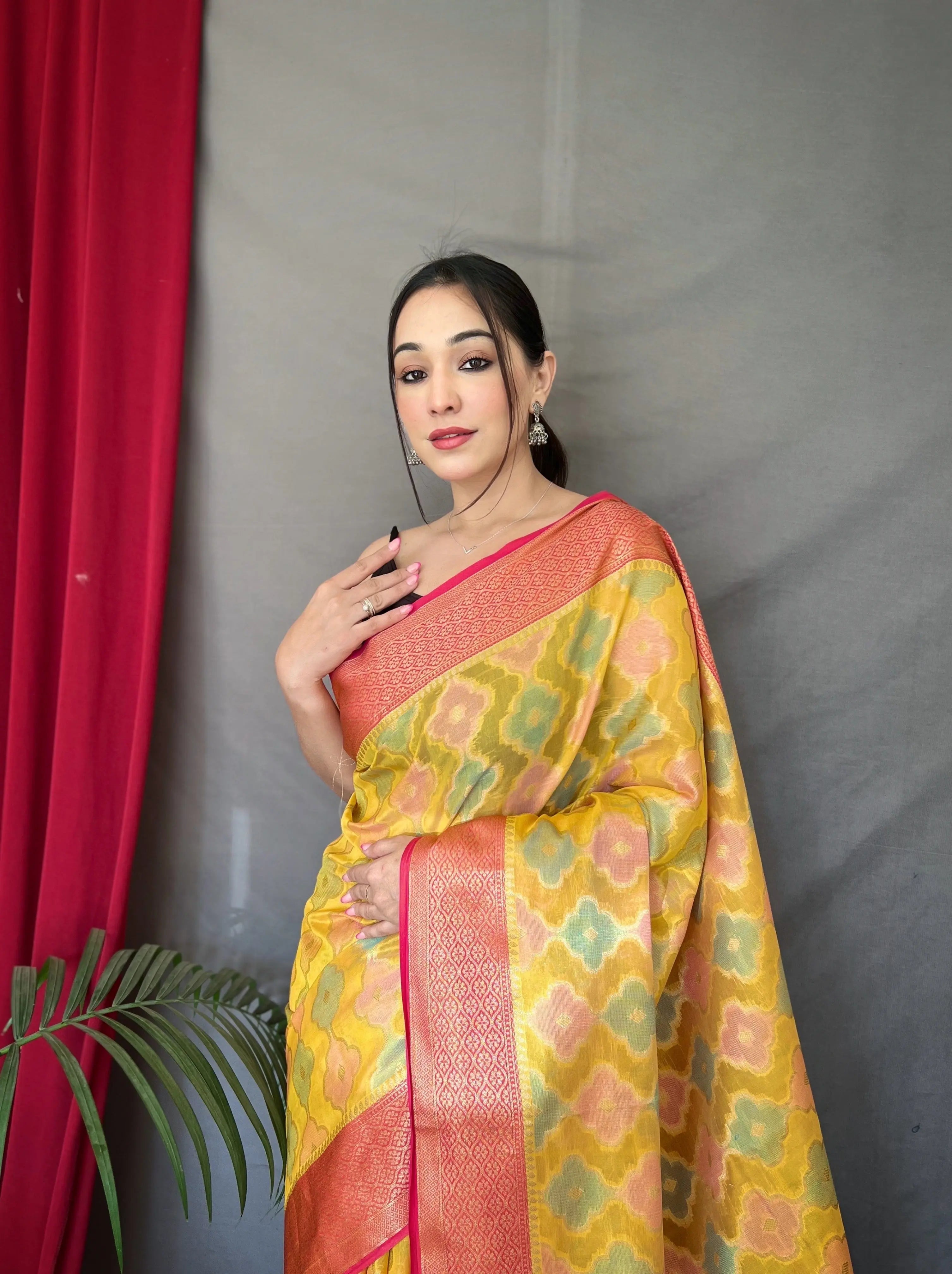 Rangkart Vol. 1 Organza Contrast Woven Saree Yellow - Colorful Saree