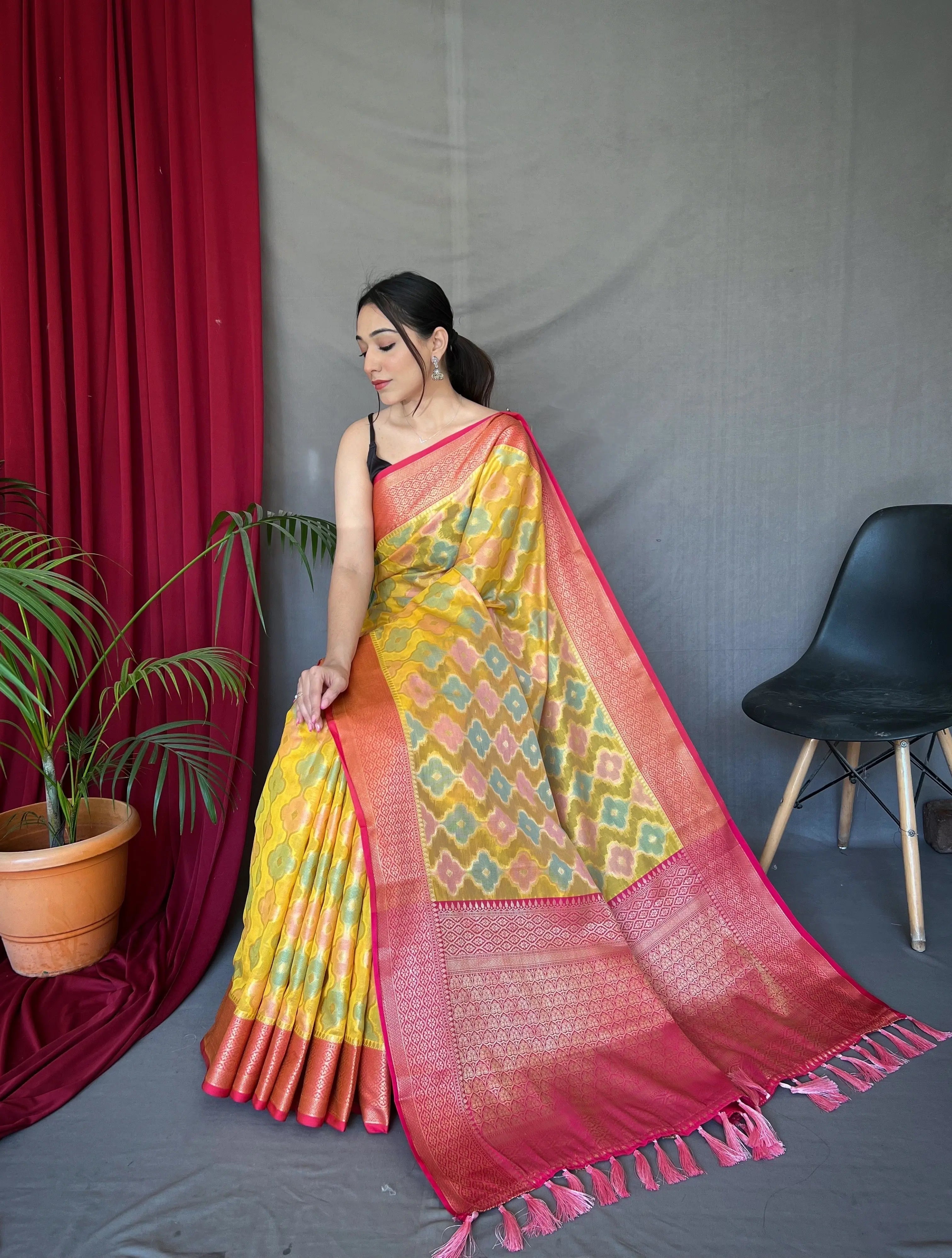 Rangkart Vol. 1 Organza Contrast Woven Saree Yellow - Colorful Saree