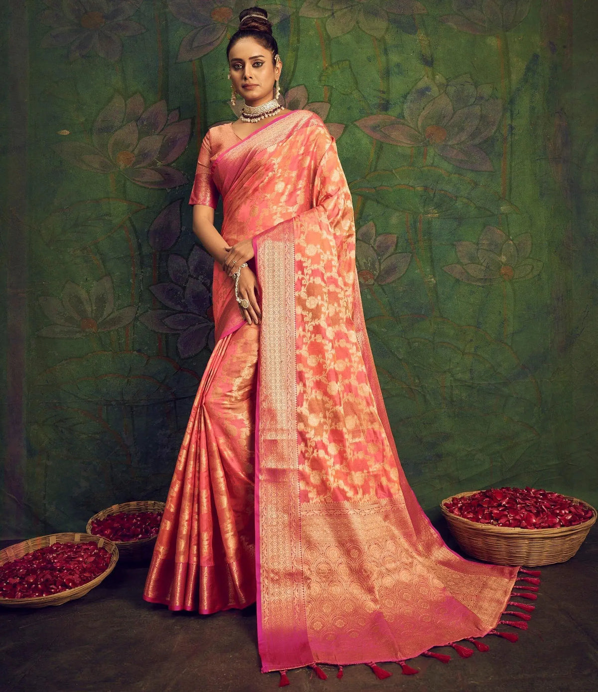 Rangkart Vol. 2 Jaal Organza Contrast Woven Saree Dark Peach - Colorful Saree